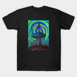 Satan Appears over Psychedelic Mushroom City 4 T-Shirt